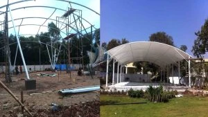 proses pemasangan dan finishing kanopi membran lapang futsal di jakarta jaya buana membran