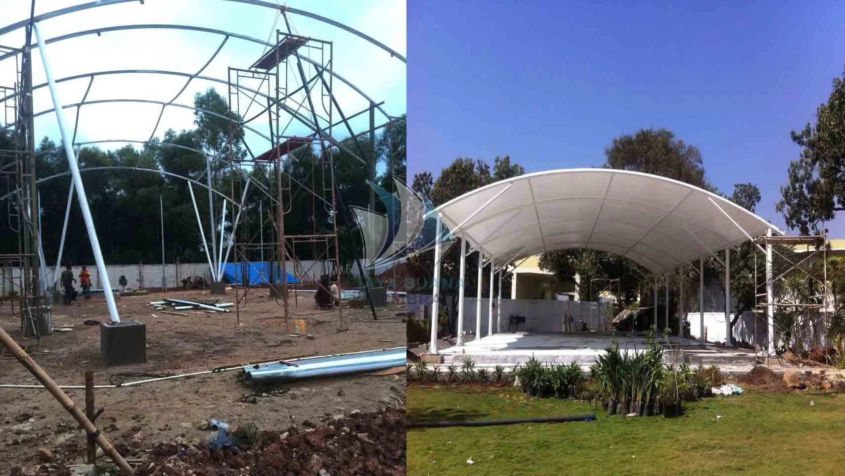 proses pemasangan dan finishing kanopi membran lapang futsal di jakarta jaya buana membran